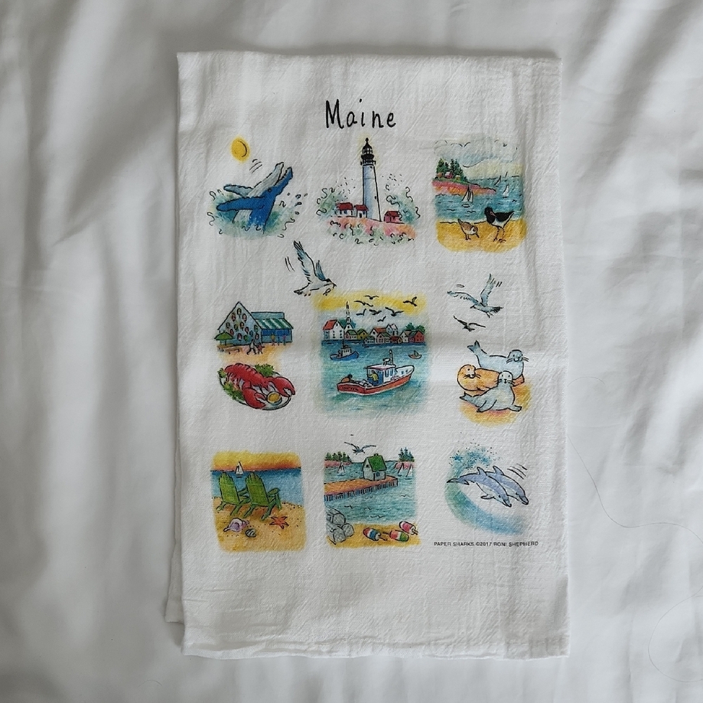 Maine Illustrated White Tea Towel